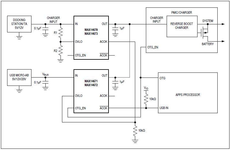 アプリケーション回路図 - Analog Devices / Maxim Integrated MAX1467x過電圧プロテクター