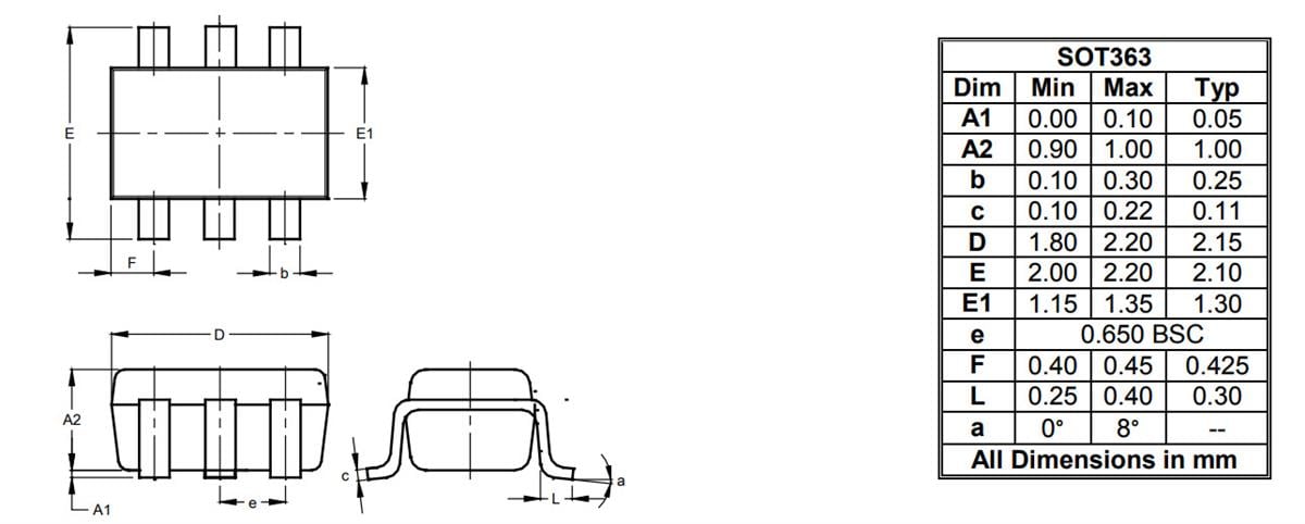 機械図面 - Diodes Incorporated BAV99DWQ表面実装スイッチングダイオードアレイ