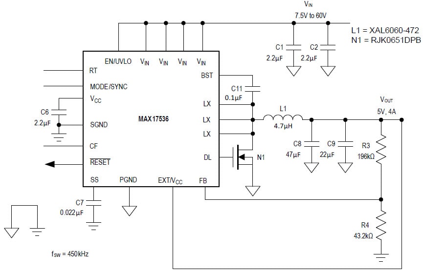 アプリケーション回路図 - Analog Devices / Maxim Integrated MAX17536 & MAX17546降圧型DC-DCコンバータ