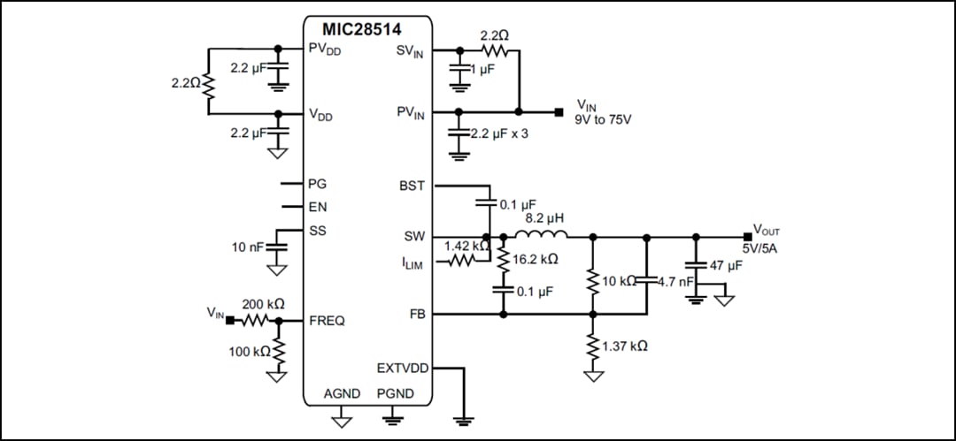 アプリケーション回路図 - Microchip Technology MIC28514T-E/PHA電圧レギュレータ