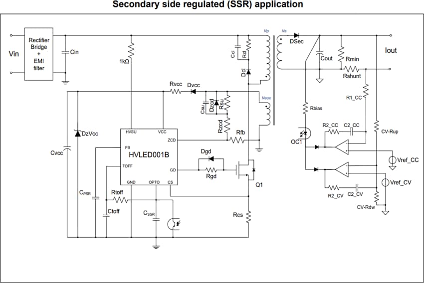 アプリケーション回路図 - STMicroelectronics HVLED001B高力率フライバック・コントローラ