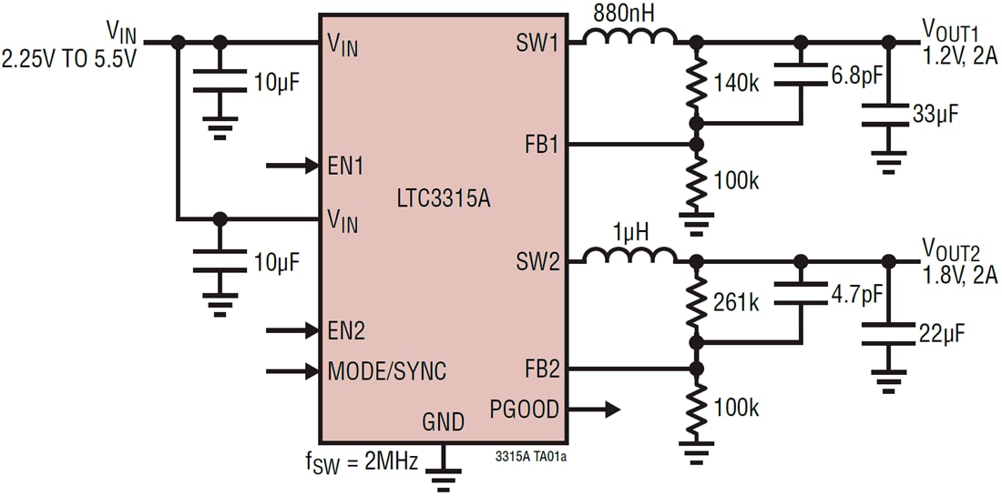 アプリケーション回路図 - Analog Devices Inc. LTC3315A & LTC3315B降圧型コンバータ アプリケーション回路図 - Analog Devices Inc. LTC3315A & LTC3315B降圧型コンバータ