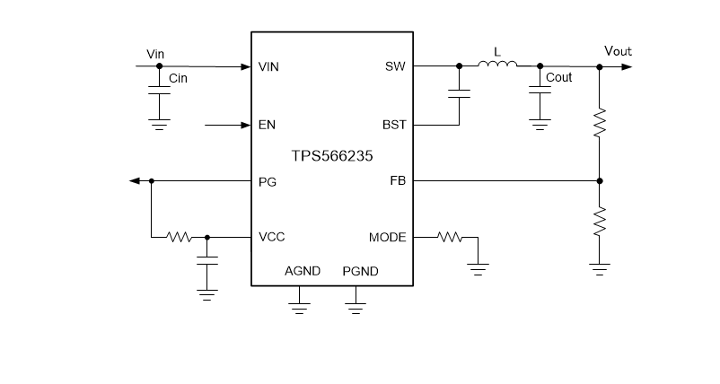 アプリケーション回路図 - Texas Instruments TPS566235降圧型電圧レギュレータ
