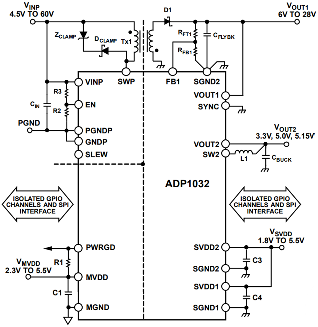アプリケーション回路図 - Analog Devices Inc. ADP1032マイクロパワー管理装置（PMU）