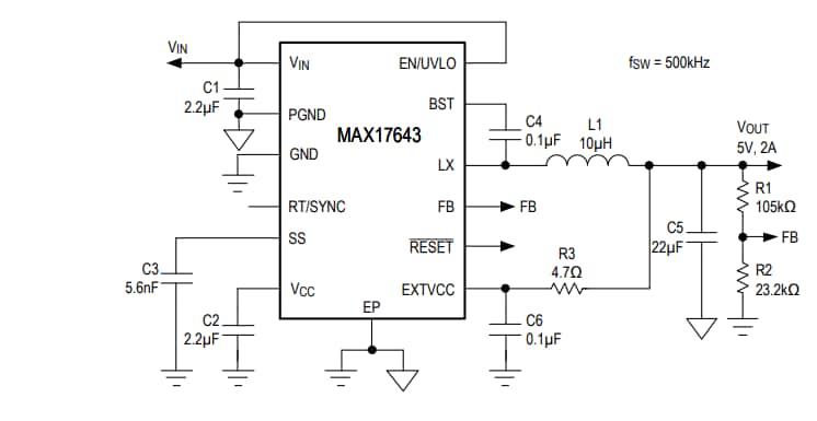 アプリケーション回路図 - Analog Devices / Maxim Integrated MAX17643降圧DC/DCコンバータ