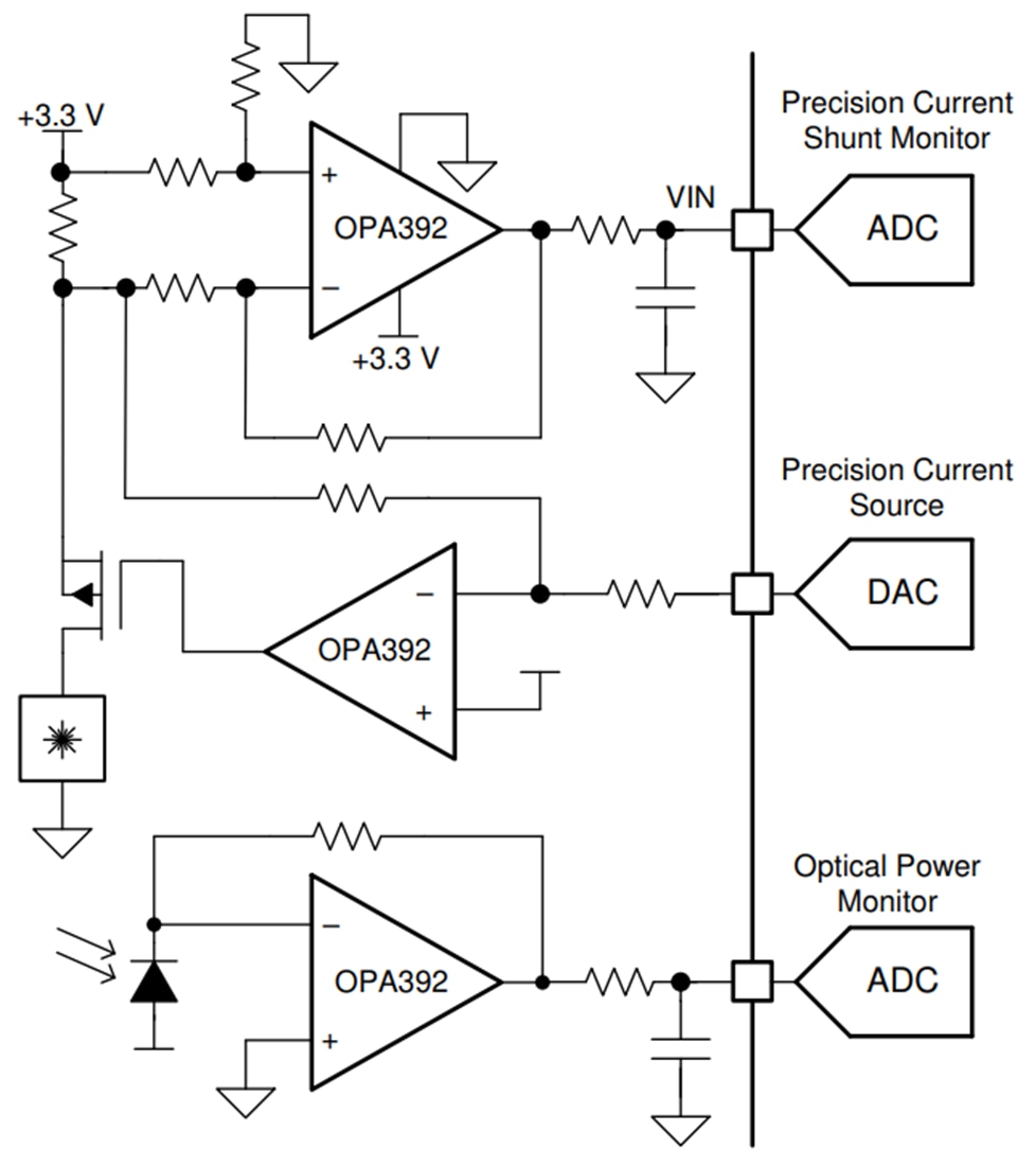アプリケーション回路図 - Texas Instruments OPAx392 e-trim™オペアンプ