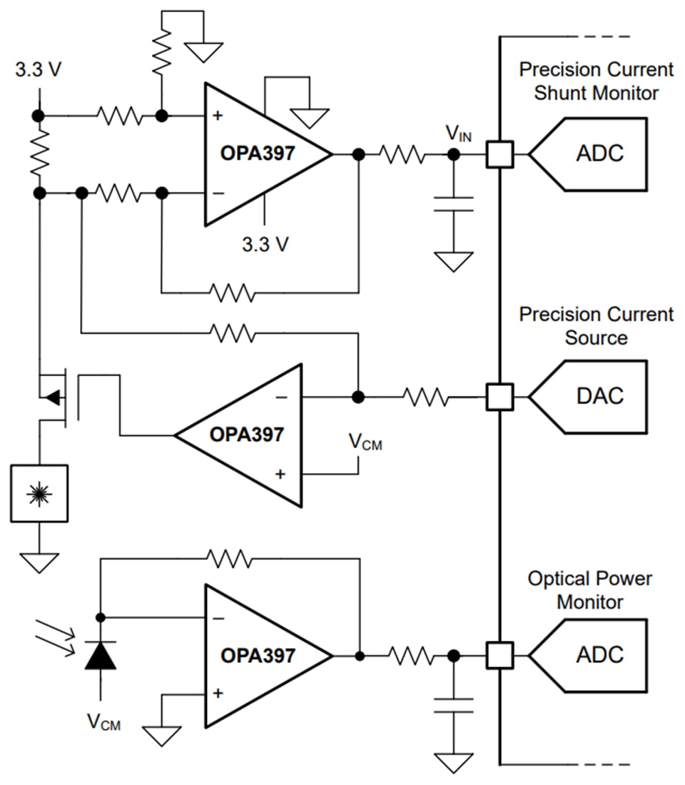 アプリケーション回路図 - Texas Instruments OPAx397 e-trim™オペアンプ