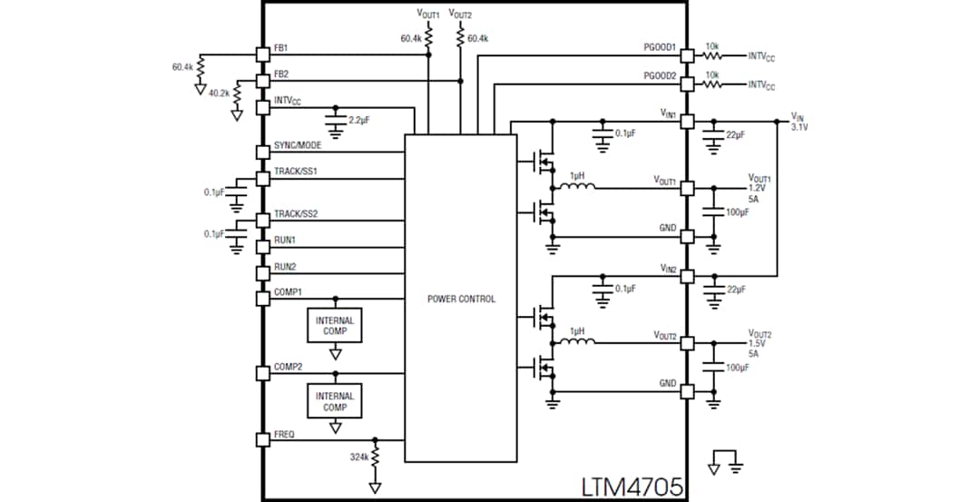 ブロック図 - Analog Devices Inc. LTM4705 DC/DC μModule®レギュレータ ブロック図 - Analog Devices Inc. LTM4705 DC/DC μModule®レギュレータ