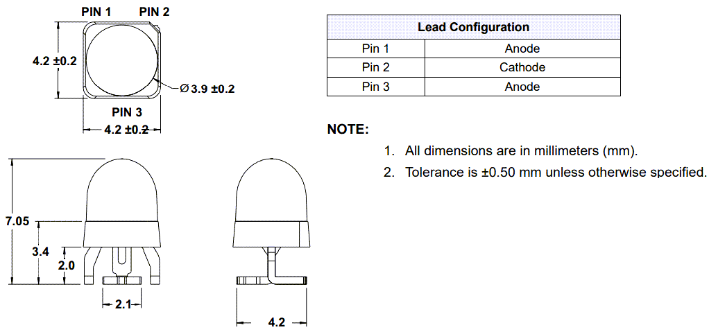 機械図面 - Broadcom AEMD-Cx2L LED