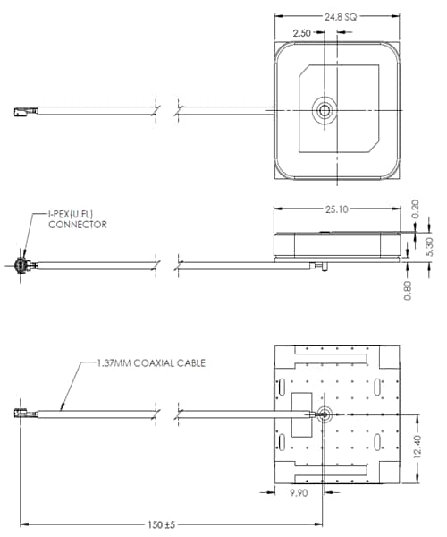 Mechanical Drawing - Maxtena MPA-258-WIFI Embedded Wi-Fi® Microstrip Antenna