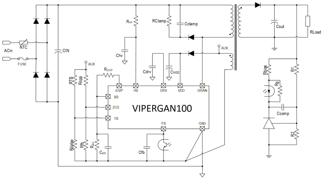 アプリケーション回路図 - STMicroelectronics VIPerGaN100オフライン高電圧コンバータ