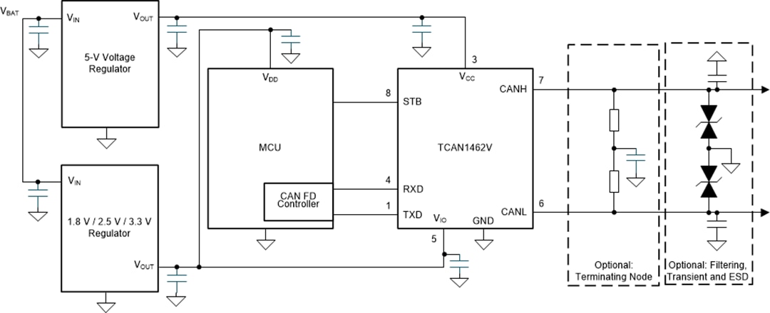 アプリケーション回路図 - Texas Instruments TCAN1462x-Q1車載用SIC CAN FDトランシーバ アプリケーション回路図 - Texas Instruments TCAN1462x-Q1車載用SIC CAN FDトランシーバ