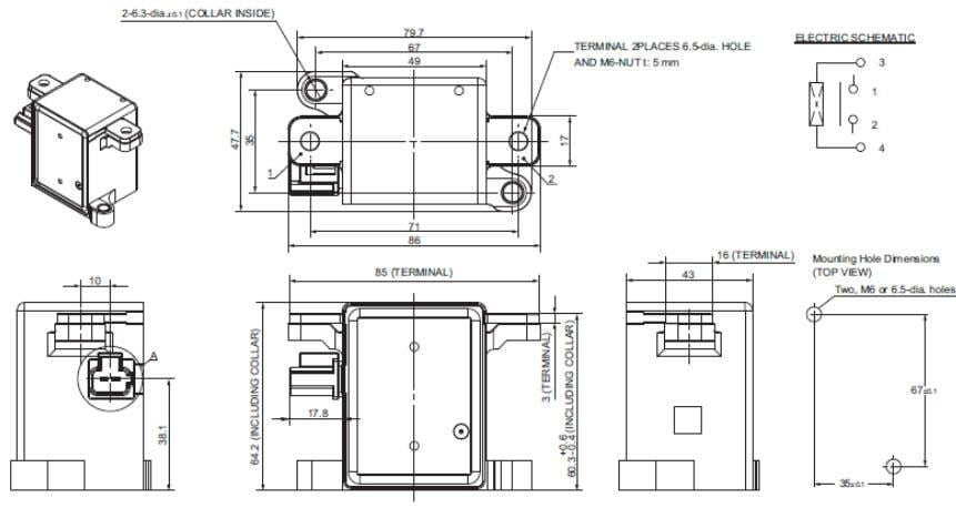 機械図面 - Omron Electronics G9EK-1-E DCパワーリレー