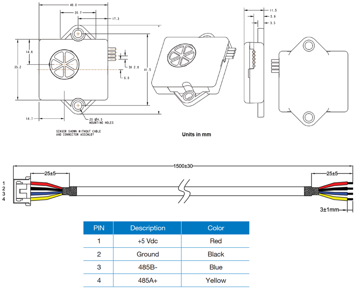 機械図面 - Amphenol Advanced Sensors T3400 A2L冷媒漏れ検出センサと評価キット