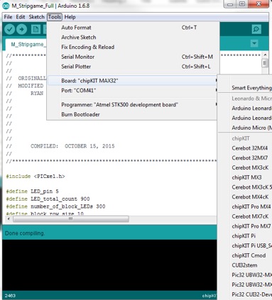 Selecting a board and COM port in the Arduino IDE.