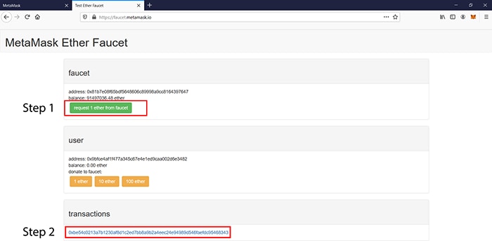Requesting 1 ether from MetaMask faucet