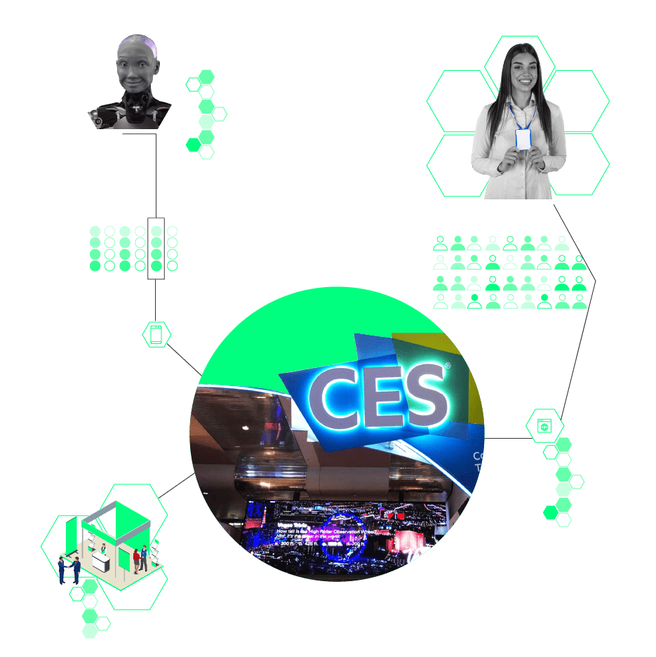 CES展示会のロゴとヒューマノイドロボット