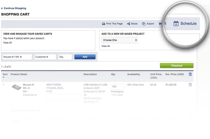 ショッピングカートページで強調表示された「注文のスケジュール設定」ボタン。